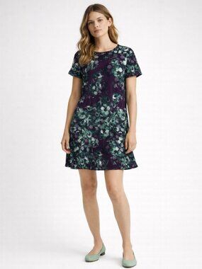 St. John purple green floral print silk dress size 8